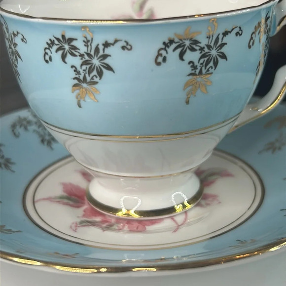 Antique Royal  Stafford Margaret Rose Blue Tea Cup and Saucer Bone China England - Picture 6 of 12